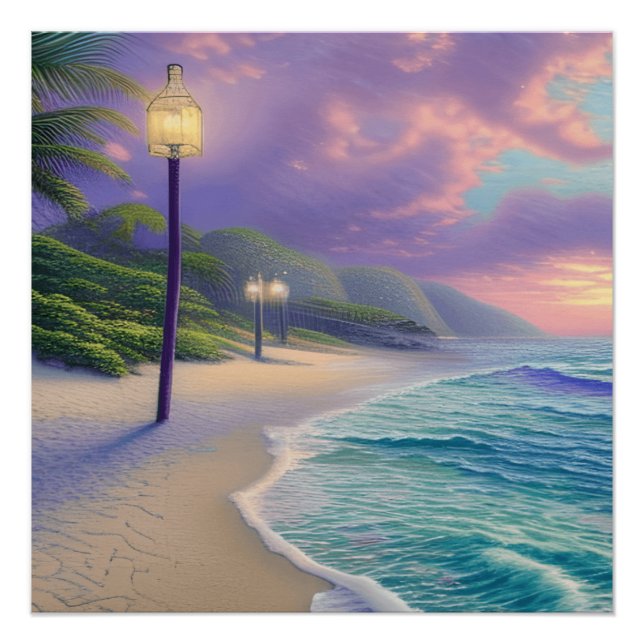 Beautiful Beach Ocean Waves Night Clouds Poster (Front)