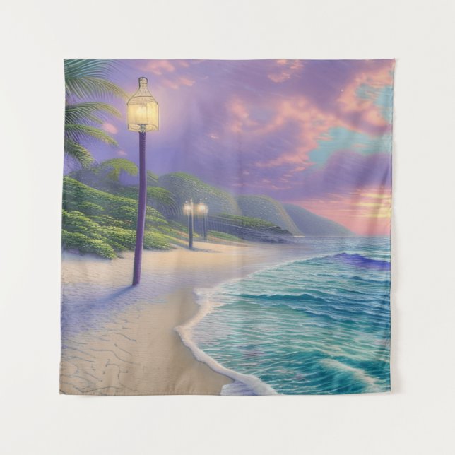 Beautiful Beach Ocean Waves Night Clouds Tapestry (Front)