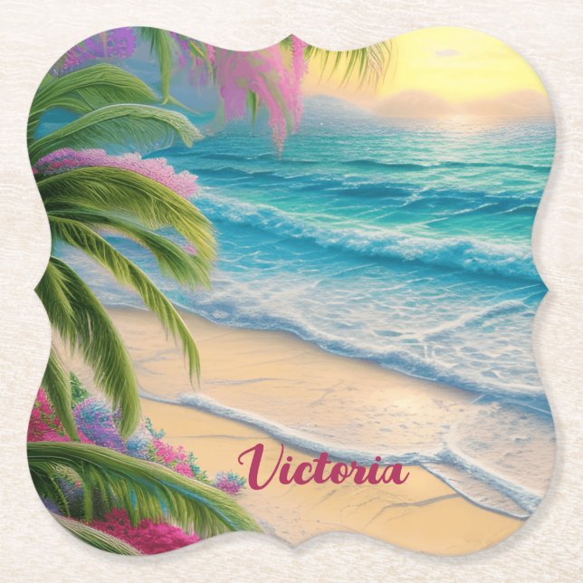 Beautiful Beach Ocean Waves Sand Palm Trees Paper Coaster (Front)