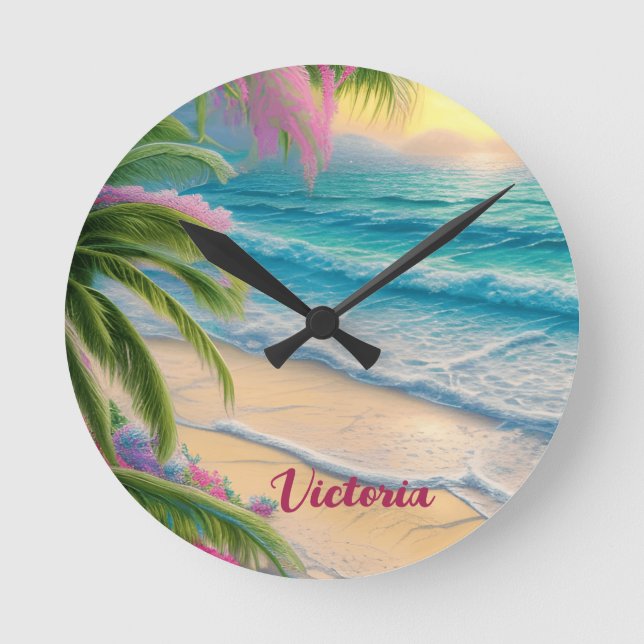 Beautiful Beach Ocean Waves Sand Palm Trees Round Clock (Front)