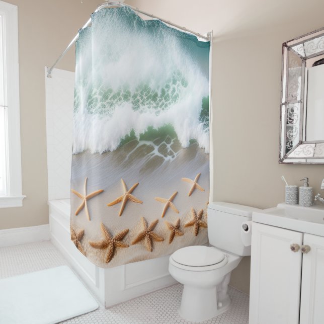 Beautiful Beach Ocean Waves Starfish Shower Curtain (In Situ)