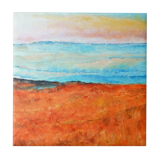 Beautiful Beach Painting Abstract Orange Ceramic Tile (Front)