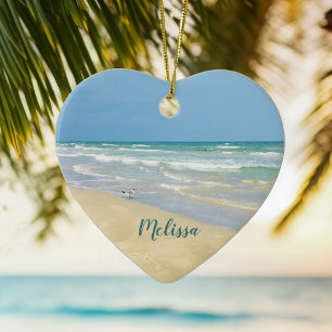 Beautiful Beach Photo Personalised Heart Christmas Ceramic Ornament