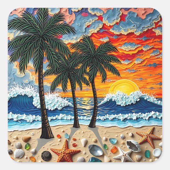 Beautiful Beach Scene with Palm Trees Square Sticker (Front)