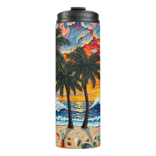 Beautiful Beach Scene with Palm Trees   Thermal Tumbler
