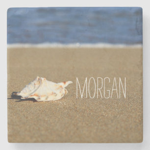 Beautiful Beach Waves   Seashell Monogram Stone Coaster