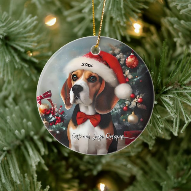 Beautiful Beagle with Santa Hat Ceramic Ornament (Tree)