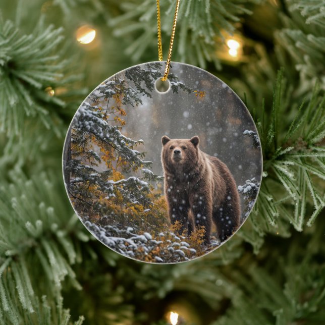Beautiful Bear in the Snow Winter Holiday Ceramic Ornament (Tree)