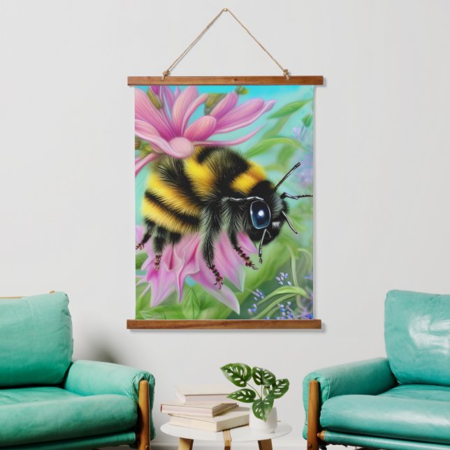 Beautiful Bee on a Pink Flower Close up Hanging Tapestry (Living Room)