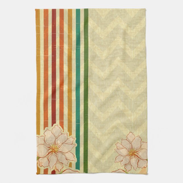 Beautiful Beige Flowers And Colourful Stripes Tea Towel (Vertical)