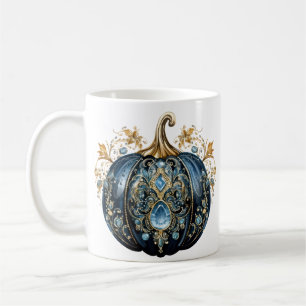 Beautiful bejeweled blue and gold pumpkin coffee mug