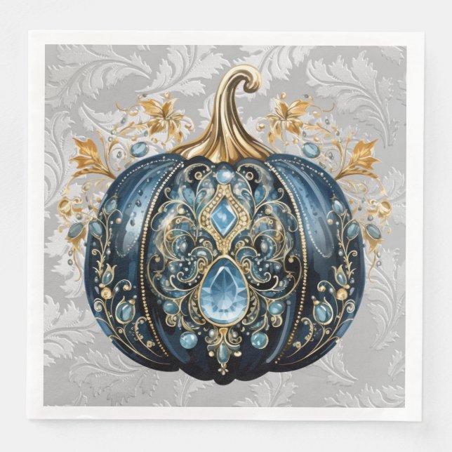 Beautiful bejeweled blue and gold pumpkin napkin (Front)