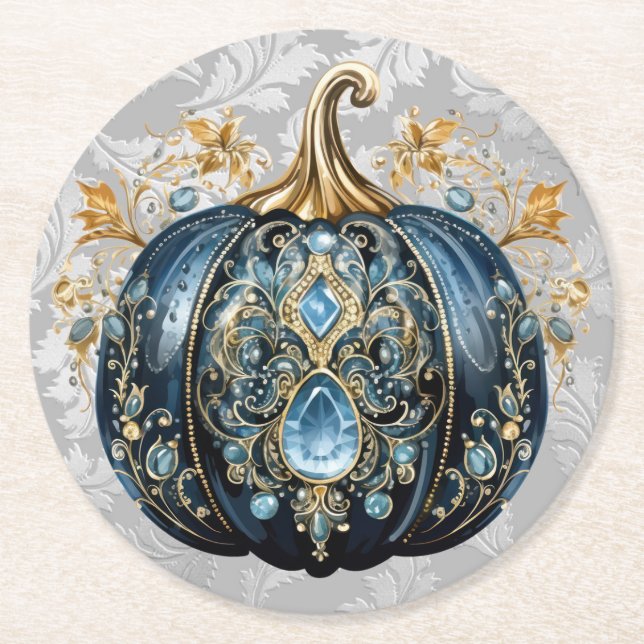 Beautiful bejeweled blue and gold pumpkin round paper coaster (Front)