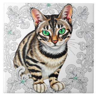 Beautiful Bengal Cat in Lace Background Ceramic Tile