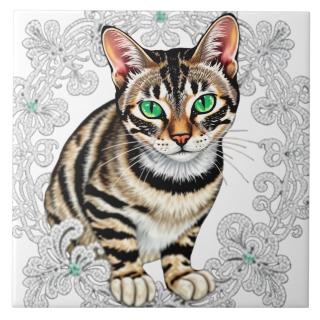 Beautiful Bengal Cat in Lace Background Ceramic Tile (Front)