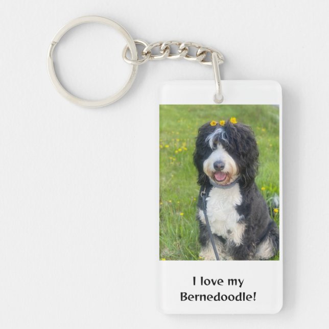 Beautiful Bernedoodle with yellow flowers Keychain (Front)