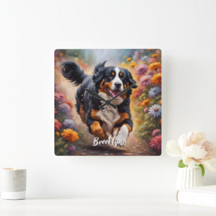 Beautiful Bernese Mountain Dog & Flowers Square Wall Clock