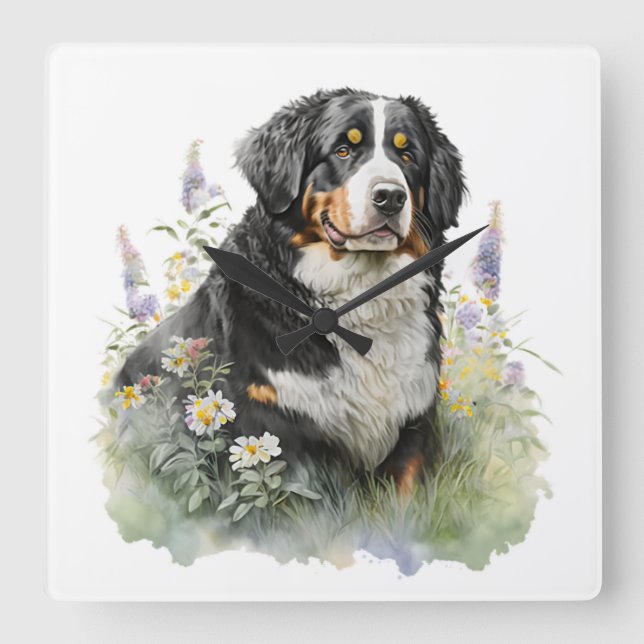 BEAUTIFUL BERNESE MOUNTAIN DOG WITH FLOWERS SQUARE WALL CLOCK (Front)