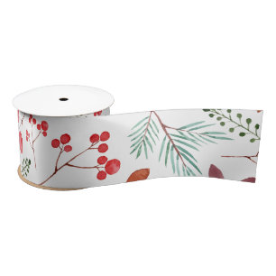 Beautiful Berry and Branches Watercolor Winter Satin Ribbon
