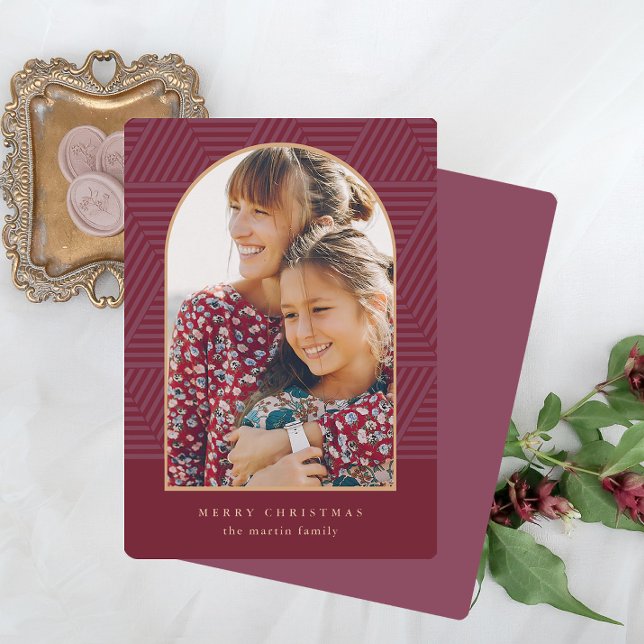 Beautiful Berry Geometric Pattern Photo Christmas Holiday Card (Creator Uploaded)