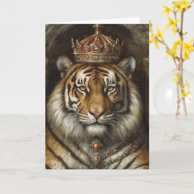 Beautiful Big Cat in a Crown all occasions Card (Yellow Flower)