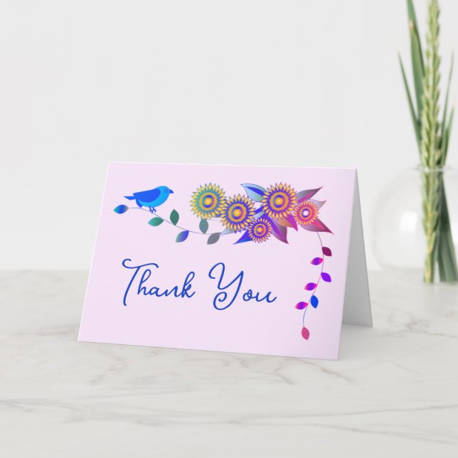 Beautiful Bird And Flower Art Thank You Card (Front)