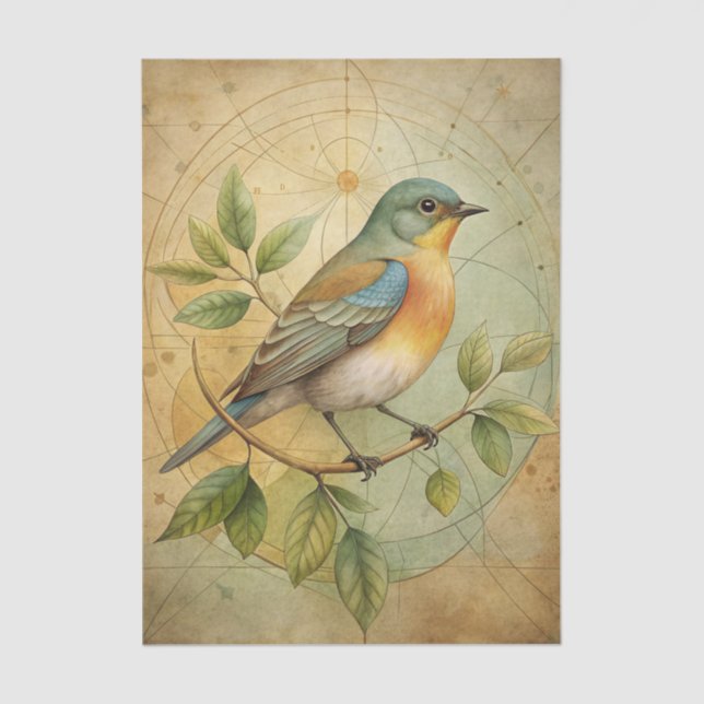 Beautiful Bird on Branch with Geometric Lines Tissue Paper (Front)