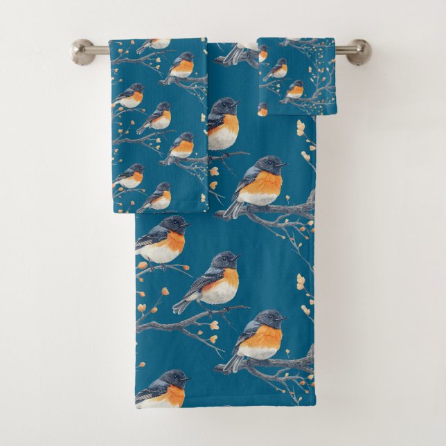 Beautiful Bird Pattern on Blue Lagoon Bath Towel Set (Insitu)