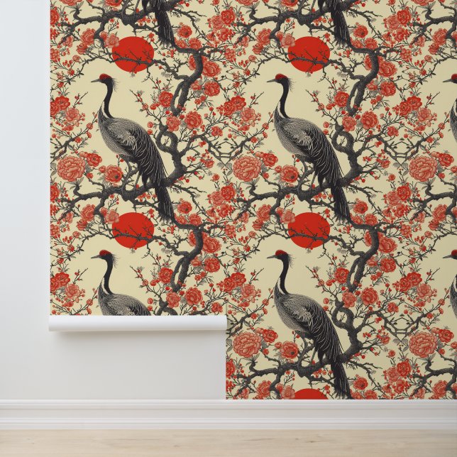 Beautiful Bird Plants Red Black Asian Wallpaper (Application)