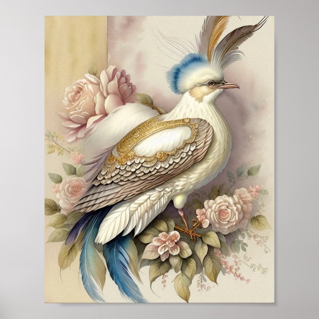 Beautiful Bird Print Feathers Soft Neutrals Roses (Front)