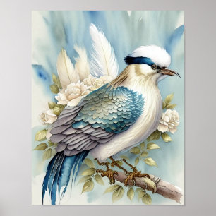 Beautiful Bird Print Feathers Teal Blue Ivory Sage