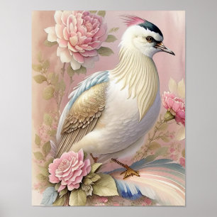 Beautiful Bird Print Pink Ivory Feathers Roses