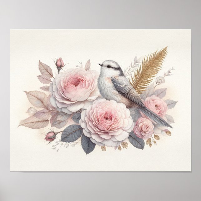 Beautiful Bird & Roses Art Poster (Front)
