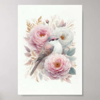 Beautiful Bird & Roses Art Poster