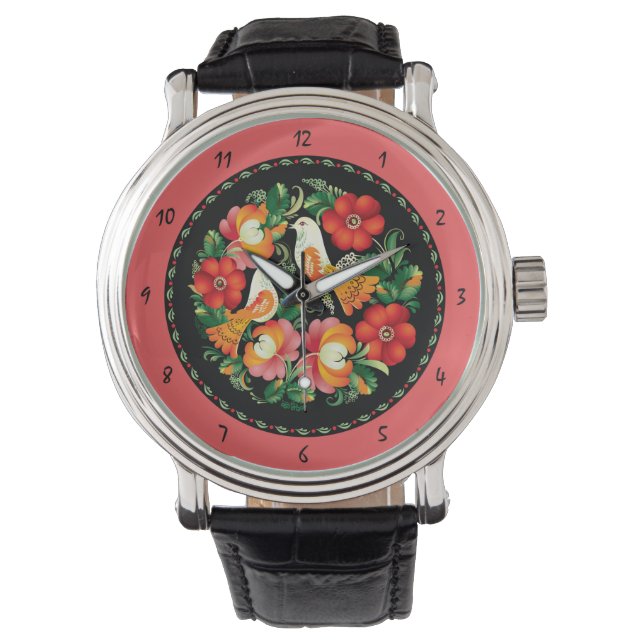 Beautiful Birds and Flowers Sketch Wrist Watch (Front)