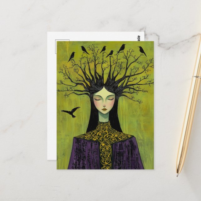 Beautiful Birds on Her Head, Tree Branches Hair Postcard (Front/Back In Situ)