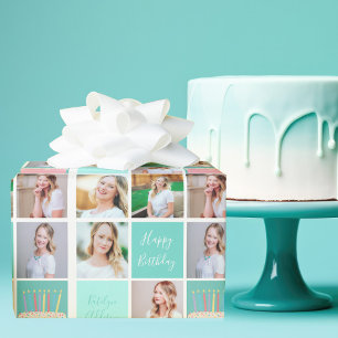 Beautiful Birthday Girl Photo Collage Custom Teal Wrapping Paper