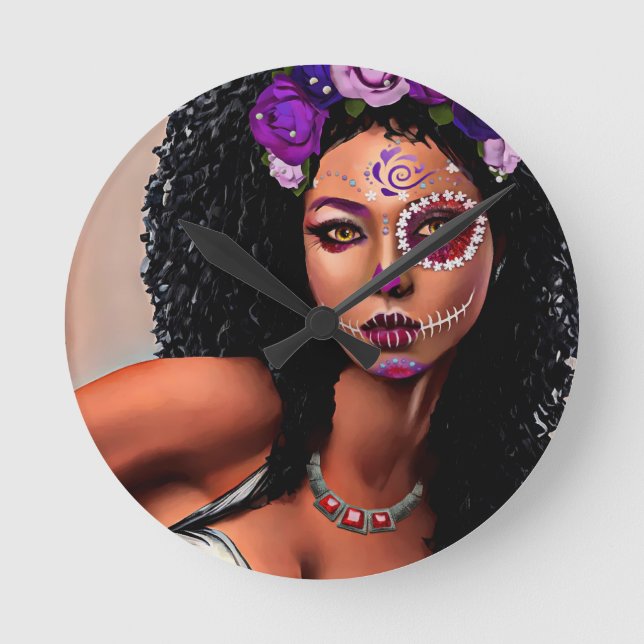 Beautiful Black African Woman Day Of the Dead Art  Round Clock (Front)
