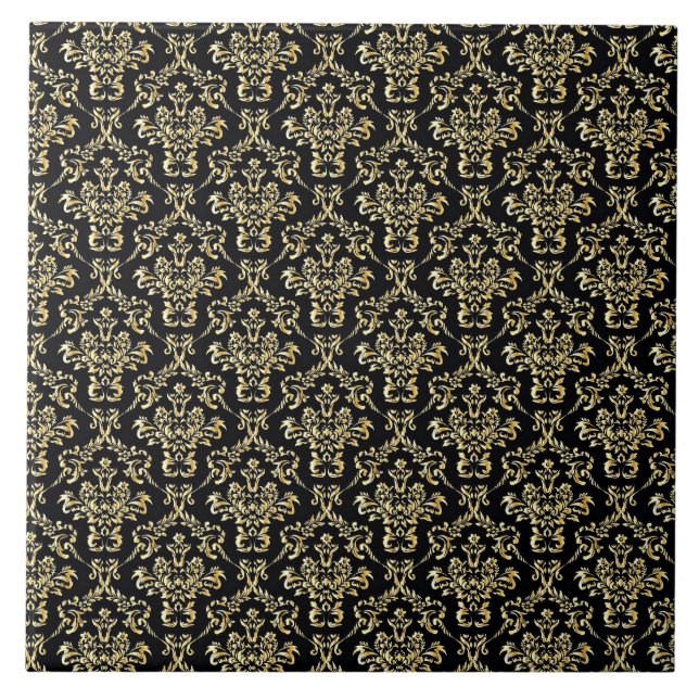 Beautiful black and gold damask pattern ceramic tile (Front)