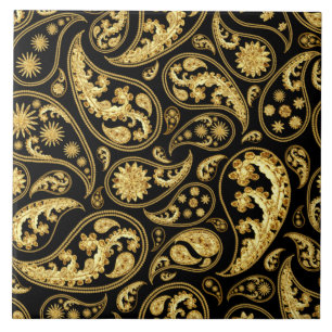 Beautiful Black and Gold Paisley Pattern Ceramic Tile