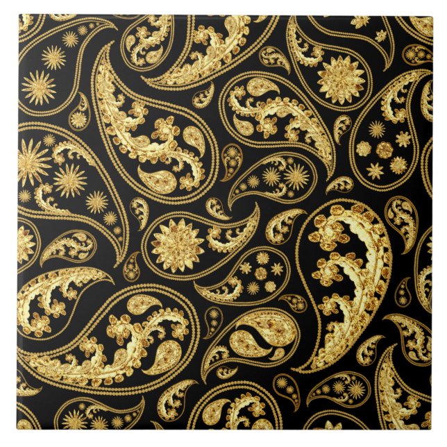 Beautiful Black and Gold Paisley Pattern Ceramic Tile (Front)