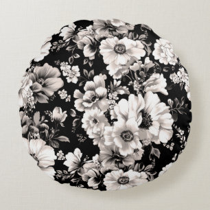 Beautiful black and light sepia tone floral  round cushion
