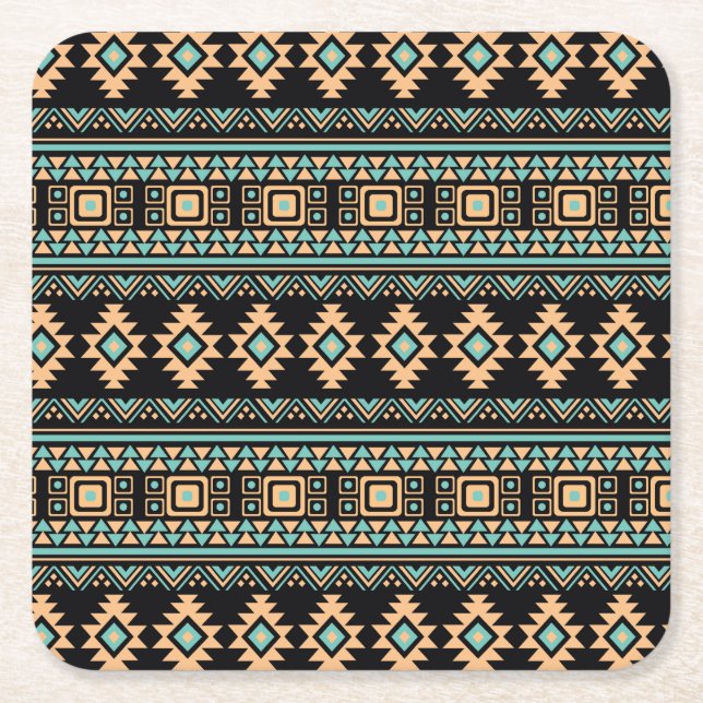Beautiful black and pastel blue aztec square paper coaster (Front)
