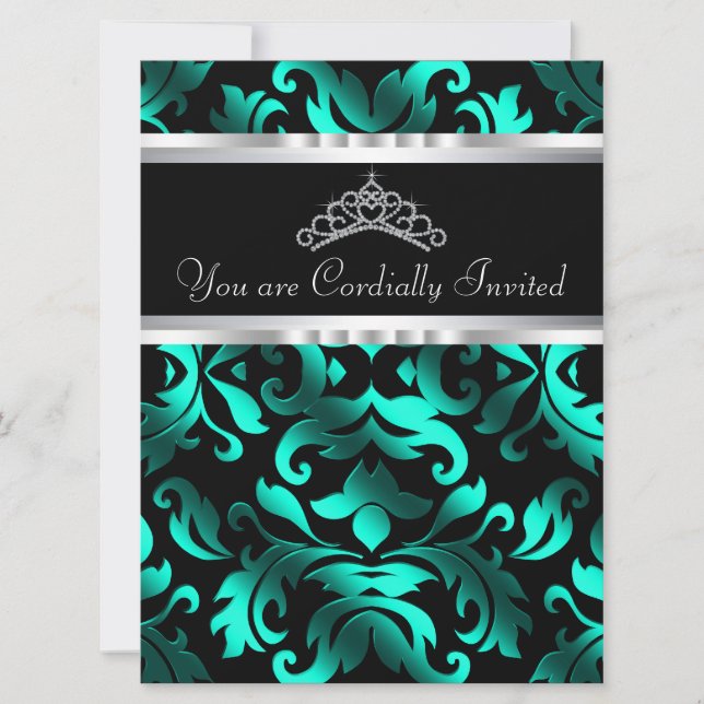 Beautiful Black and Teal Blue Quinceanera Invitation (Front)