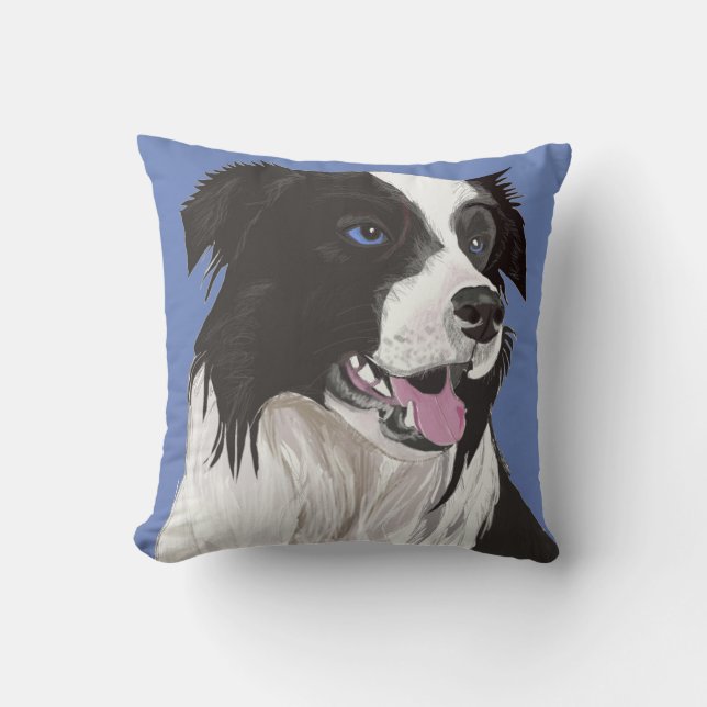 Beautiful Black and White Collie with blue eyes Cushion (Front)