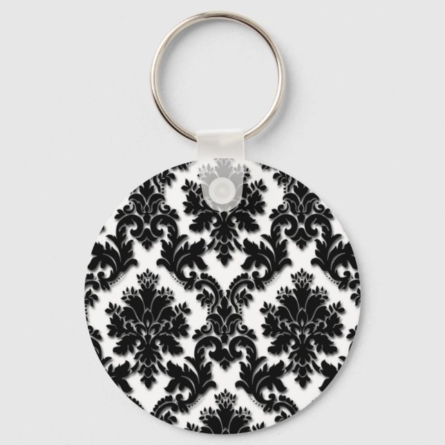 Beautiful Black and White Damask Pattern Key Ring (Front)