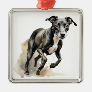 BEAUTIFUL BLACK AND WHITE GREYHOUND DOG METAL ORNAMENT