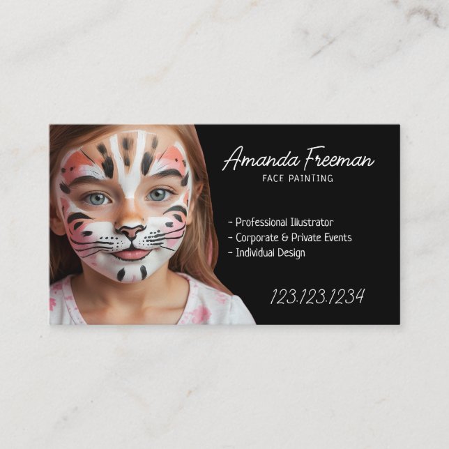 Beautiful Black and White Kids Face Painting Business Card (Front)