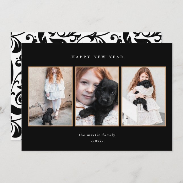 Beautiful Black and White Three Photo New Year Holiday Card (Front/Back)