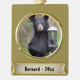 Beautiful Black Bear Enjoying Snack Gold Plated Banner Ornament